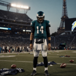 Jalen Hurts stands at midfield with the Eiffel Tower glowing behind and scattered footballs litter the field.