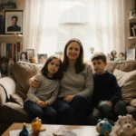 Jamie McPhee sits on a couch with her two children and light fills the room with grief and mementos and James Ransone photos