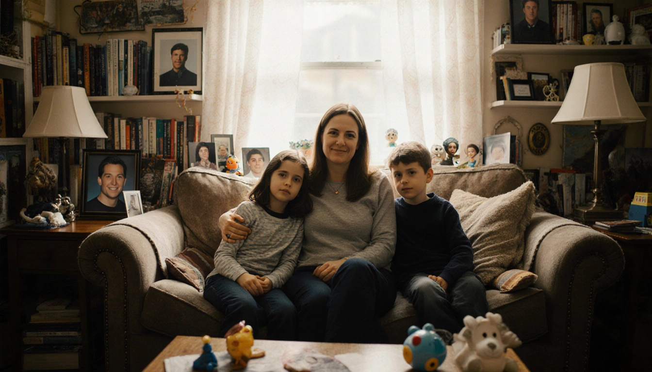Jamie McPhee sits on a couch with her two children and light fills the room with grief and mementos and James Ransone photos