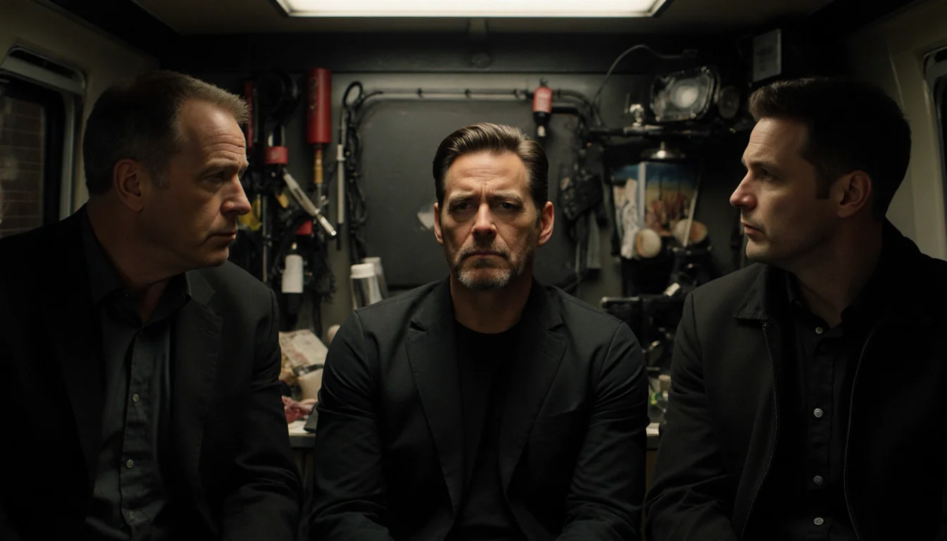 Jim Carrey sits in a trailer with Ron Howard and Brian Grazer and lighting and makeup props behind