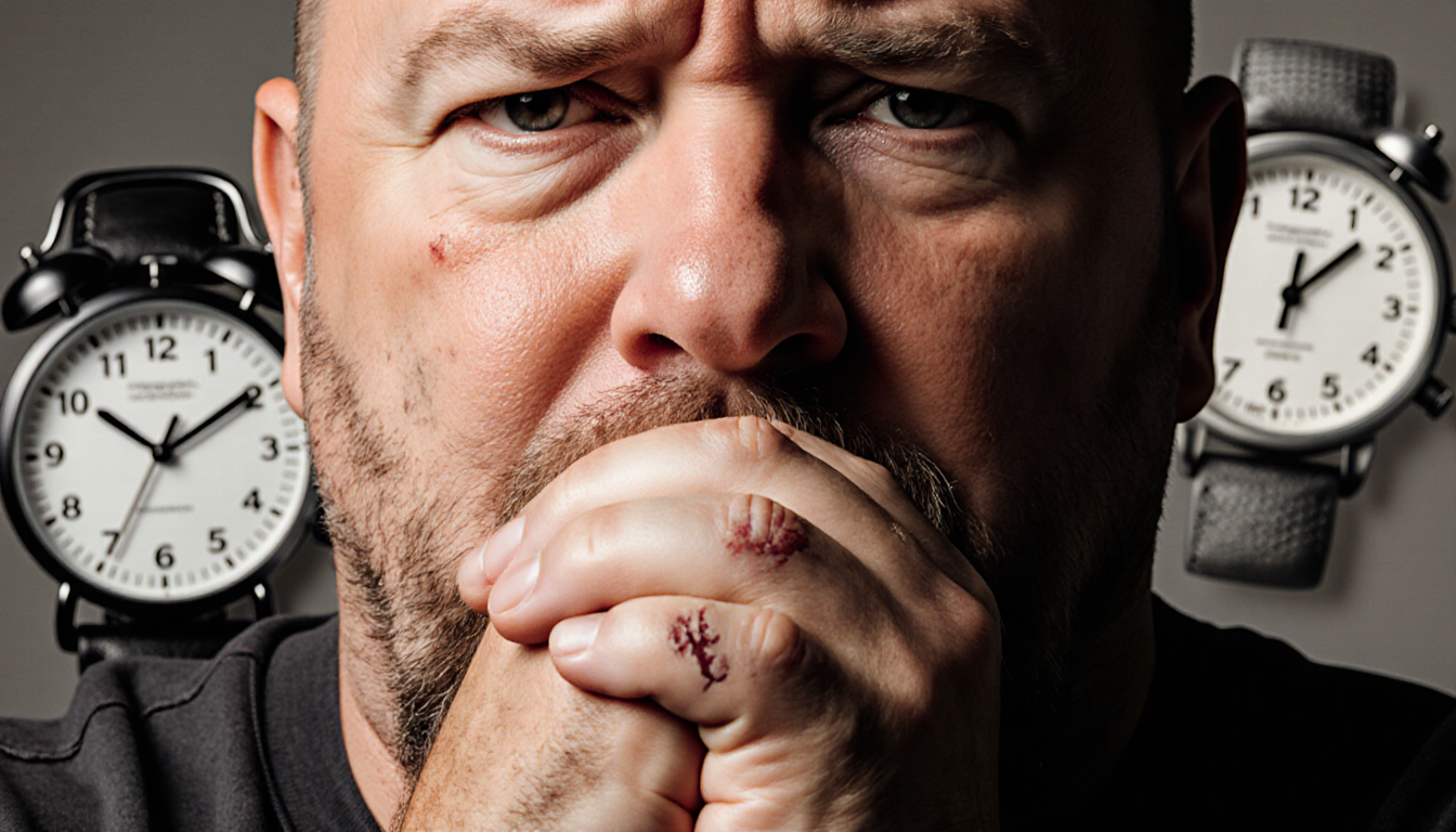 Joe Rogan faces camera with concern and hands clasped showing scar and blurred clocks behind urgency.
