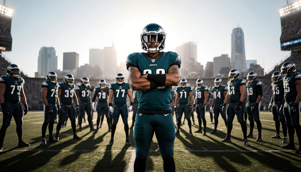 Jordan Davis stands proud with arms crossed and helmet high with Eagles teammates surrounding and Philadelphia skyline behind