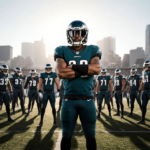Jordan Davis stands proud with arms crossed and helmet high with Eagles teammates surrounding and Philadelphia skyline behind