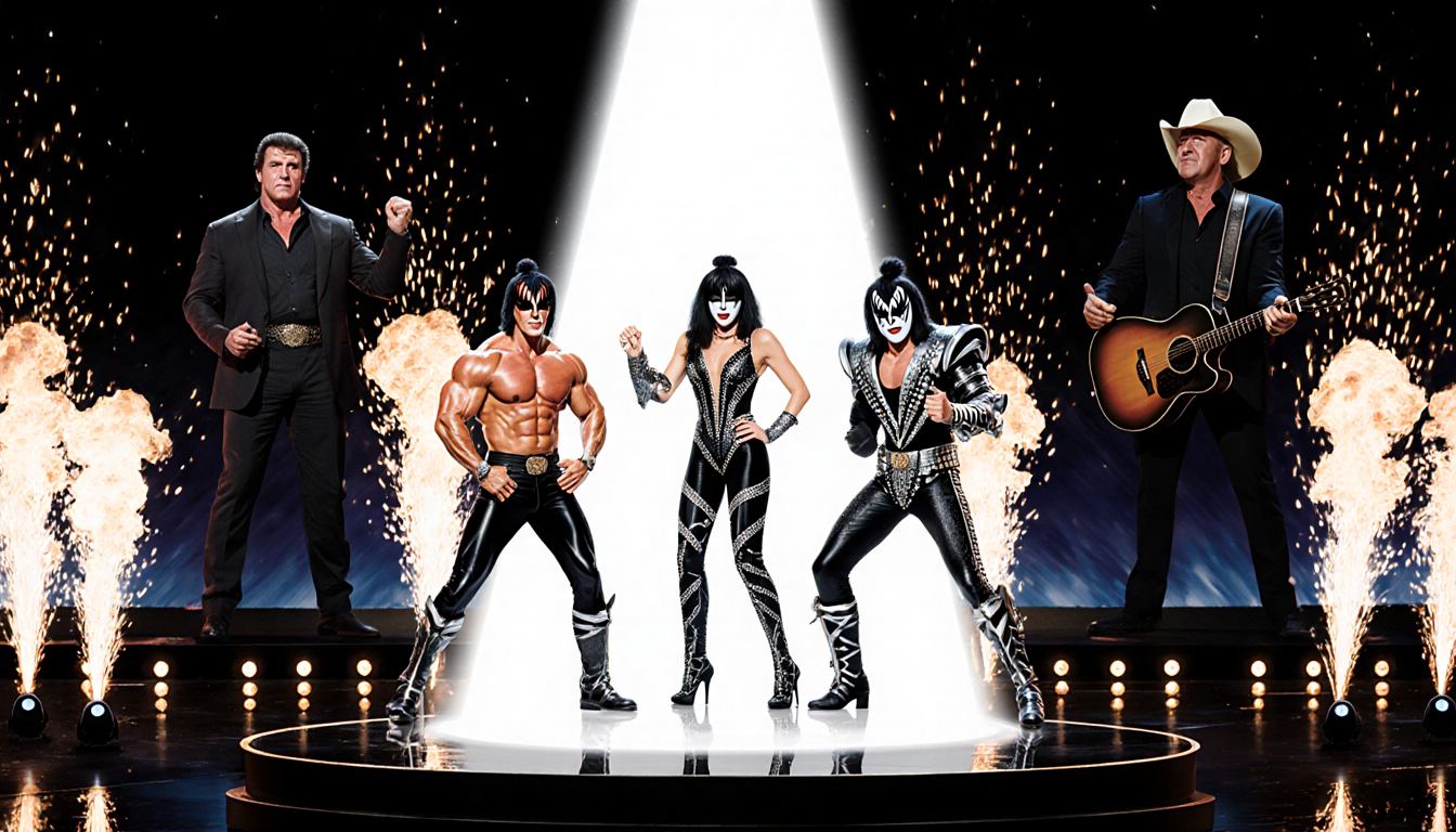 Spotlight hits Sylvester Stallone with Gloria Gaynor and KISS amid pyrotechnics on the Kennedy Center stage