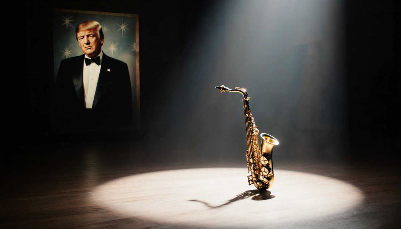 Spotlight shines on a lone saxophone on Kennedy Center stage with faded image of Frank Sinatra and Trump