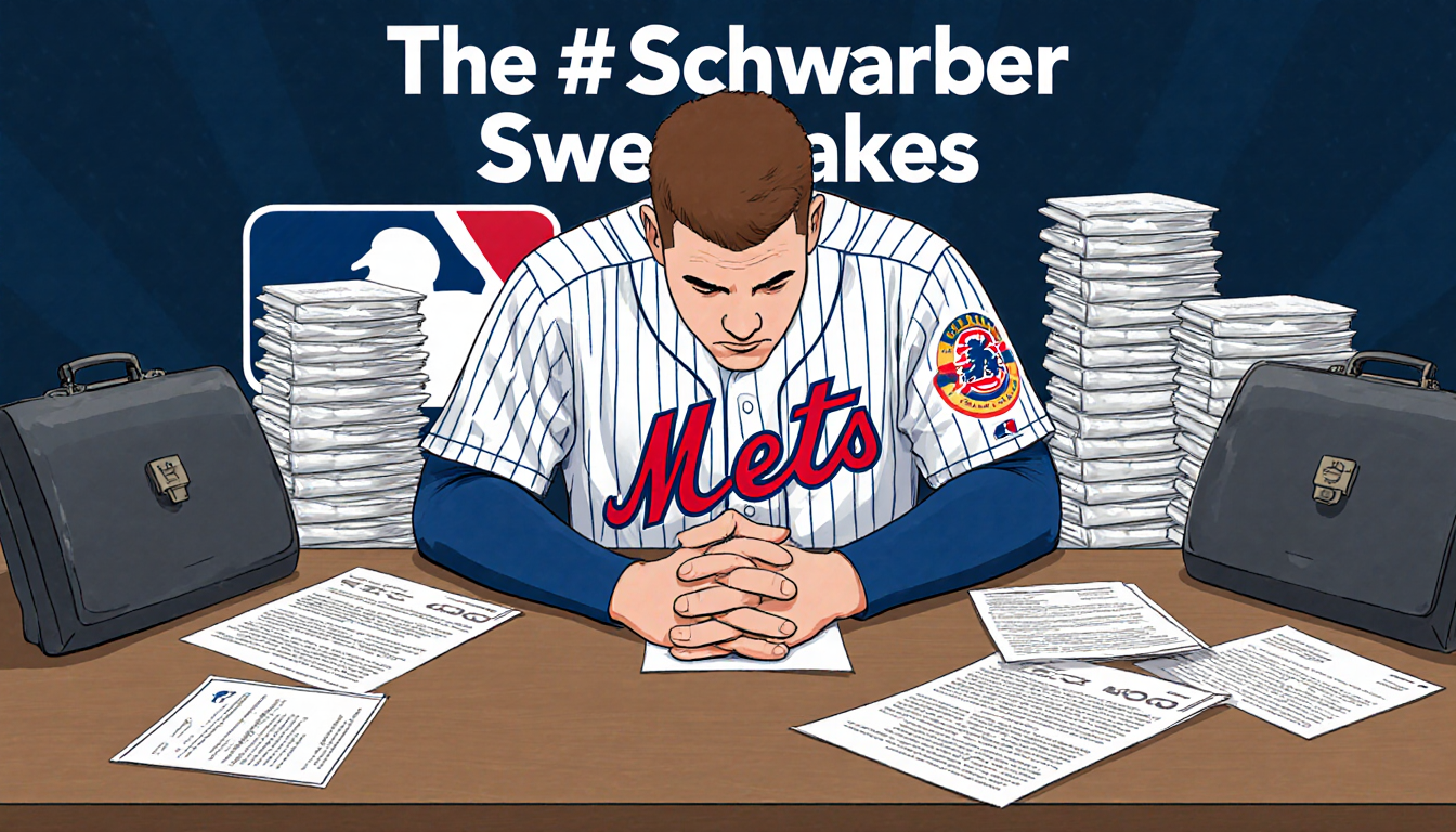 Kyle Schwarber standing at negotiating table with hands clasped and hesitation near contracts briefcases MLB.com logo in back