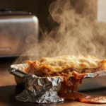 Steaming lasagna sits atop a steel pan with molten aluminum foil drips and soft golden light casting steam