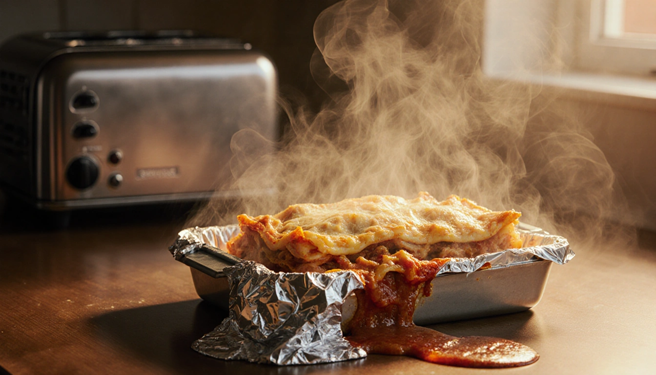 Steaming lasagna sits atop a steel pan with molten aluminum foil drips and soft golden light casting steam
