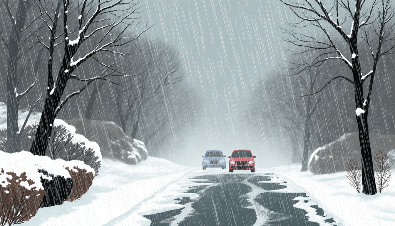 Heavy rain pours over snow‑covered road with bare trees and mist in the Lehigh Valley