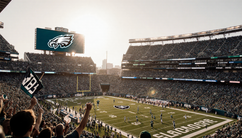 Fans cheering with Philadelphia Eagles logo glowing on Jumbotron and a lone Raiders fan standing out in the packed stadium