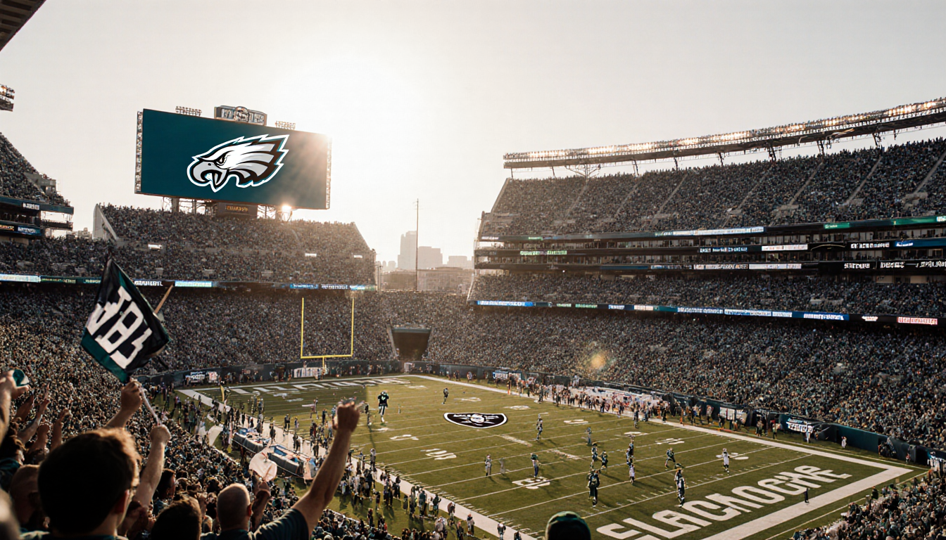 Fans cheering with Philadelphia Eagles logo glowing on Jumbotron and a lone Raiders fan standing out in the packed stadium