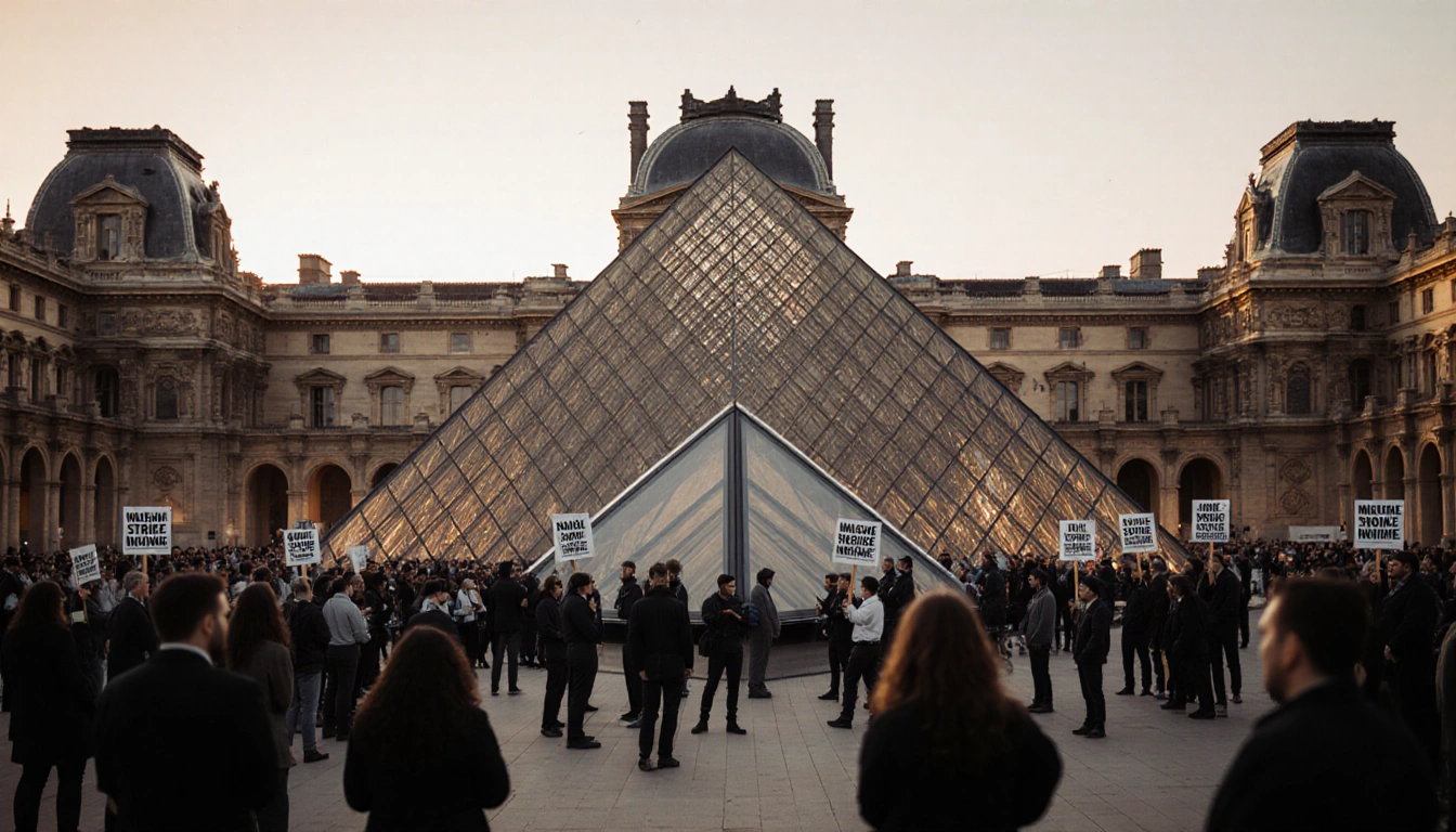 Museum staff protesting with signs in front of the Louvre glass pyramid at dusk with blurred tourists and guards.