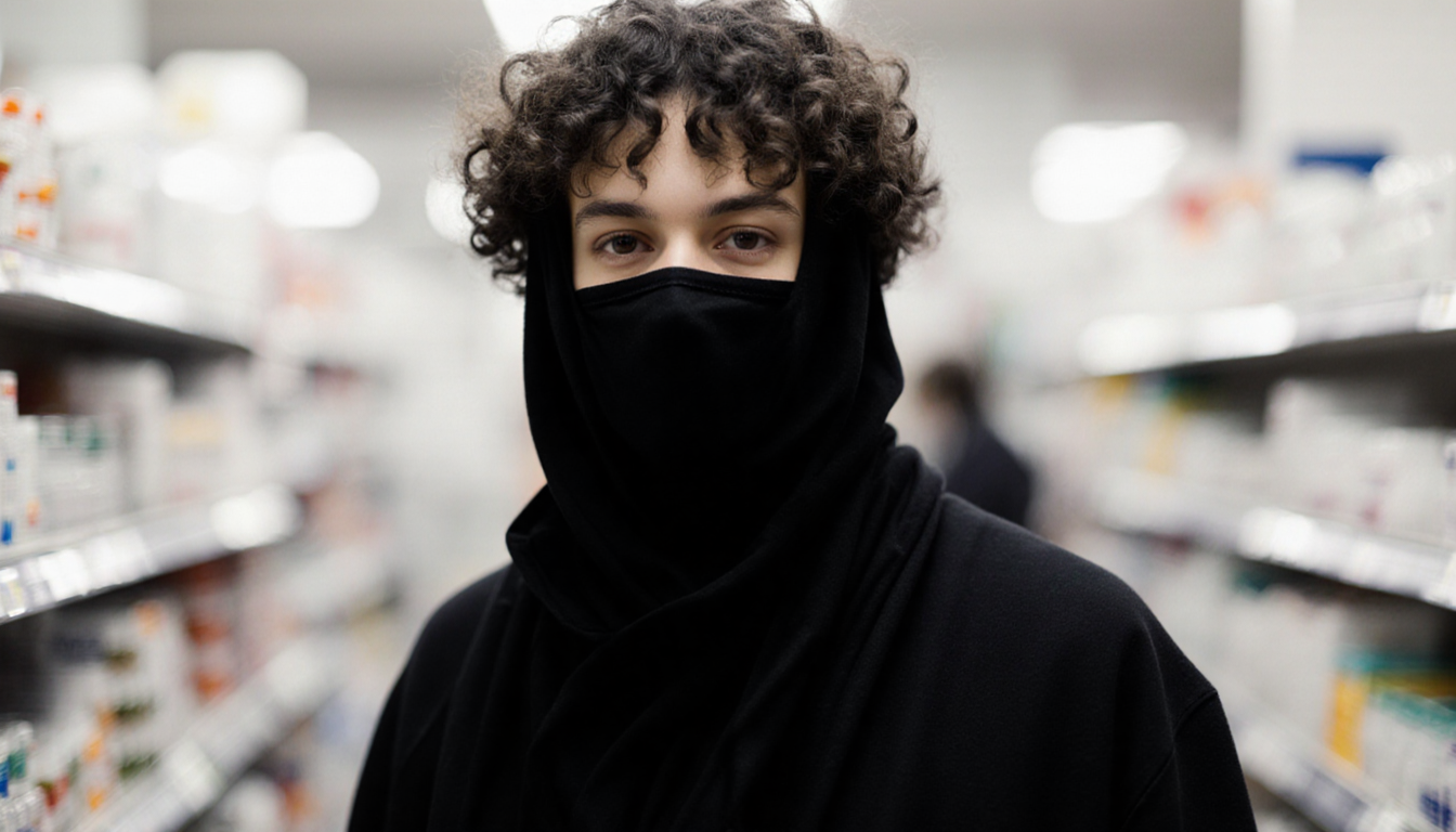 Masked figure with curly hair stands with black mask centered on face and dark clothing in blurred pharmacy.