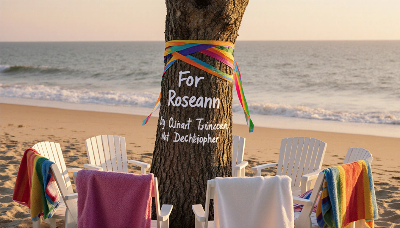 Memorial tree on Jersey Shore holds bright ribbon with For Roseann and 7 chairs draped in beach towels near sunset-lit shore.