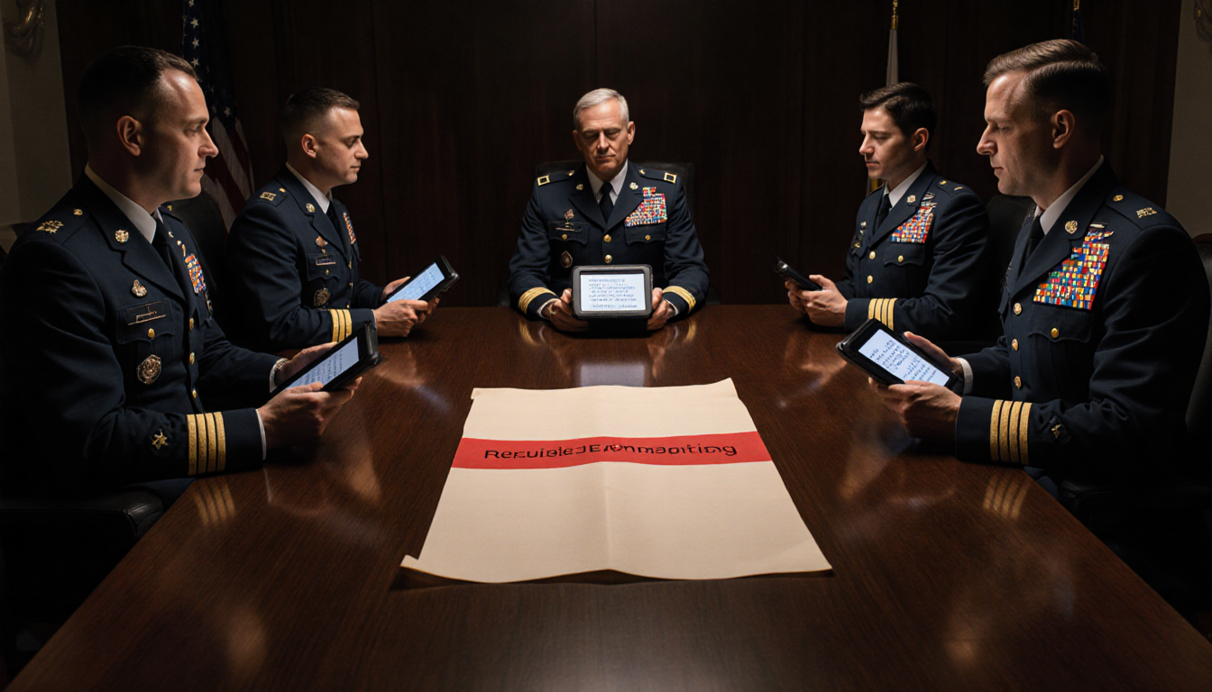 Six military leaders refusing orders with tablets and a bold red line on parchment in a dim briefing room
