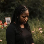 Mother standing in lush greenery with faint toys of her sons in background and looking down with sadness and determination