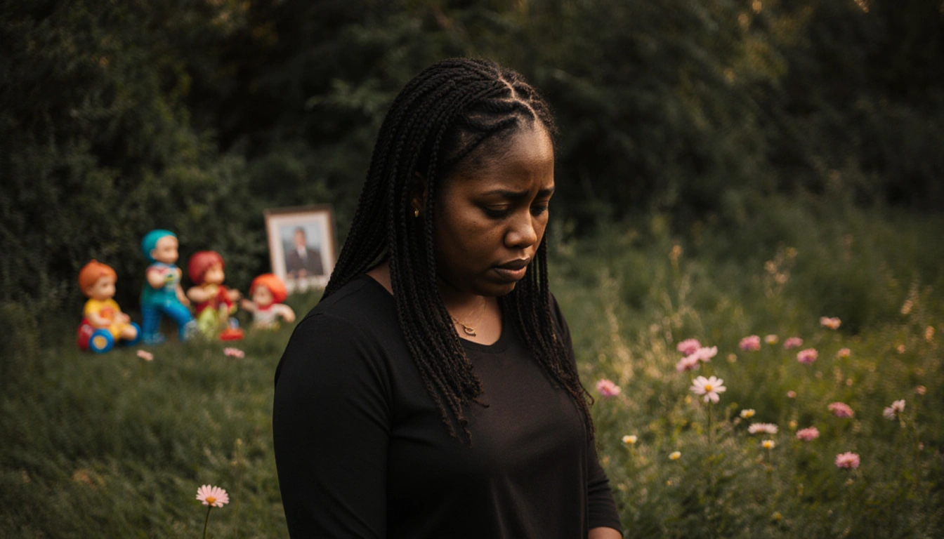 Mother standing in lush greenery with faint toys of her sons in background and looking down with sadness and determination