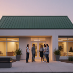 People welcoming each other outside modern supportive housing building with green roof and warm golden light.