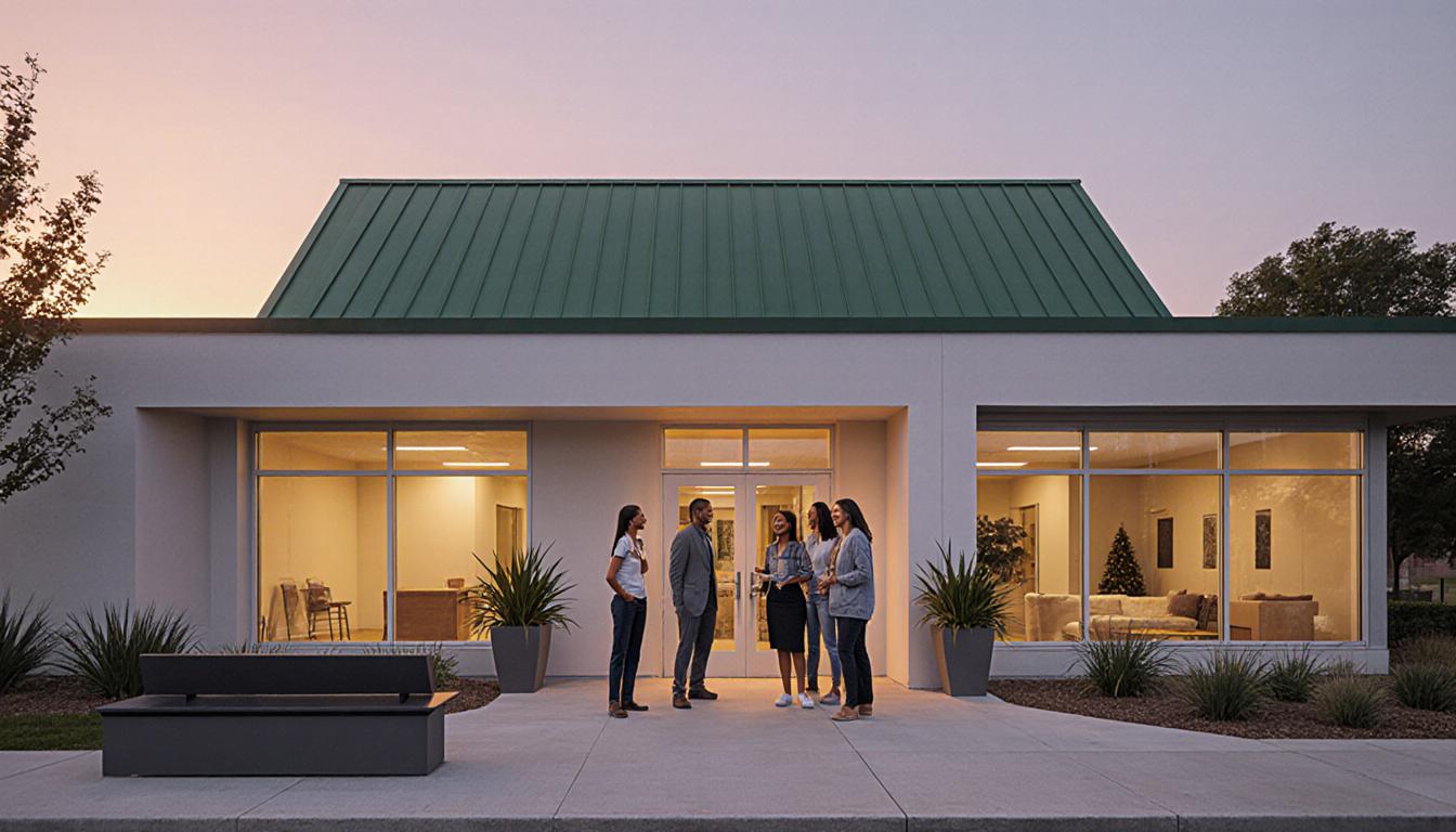 People welcoming each other outside modern supportive housing building with green roof and warm golden light.