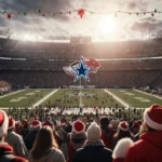 Fans cheering with the Washington Commanders logo and Dallas Cowboys backdrop in a Christmas NFL stadium with holiday lights