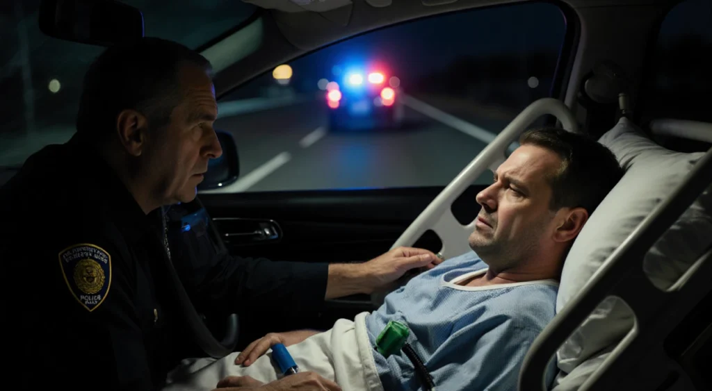 Former NYPD officer gripping steering wheel with siren lights flashing and a quadriplegic man staring back in fear