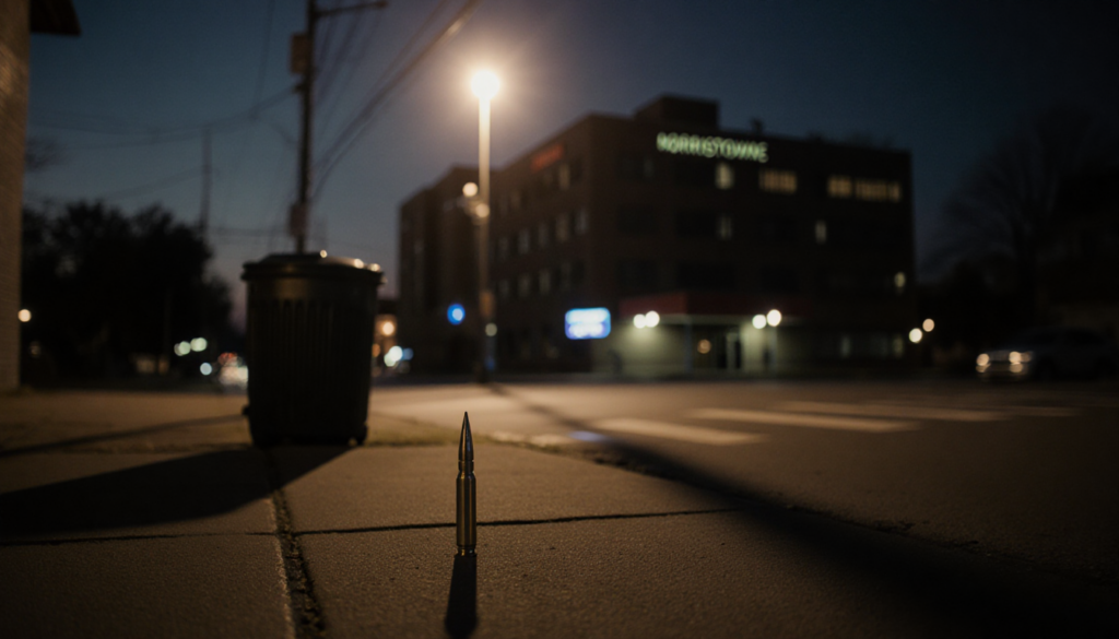 Streetlight casting long shadows with a bullet casing near a trash can and a blurred hospital reflection across the street.