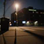 Streetlight casting long shadows with a bullet casing near a trash can and a blurred hospital reflection across the street.