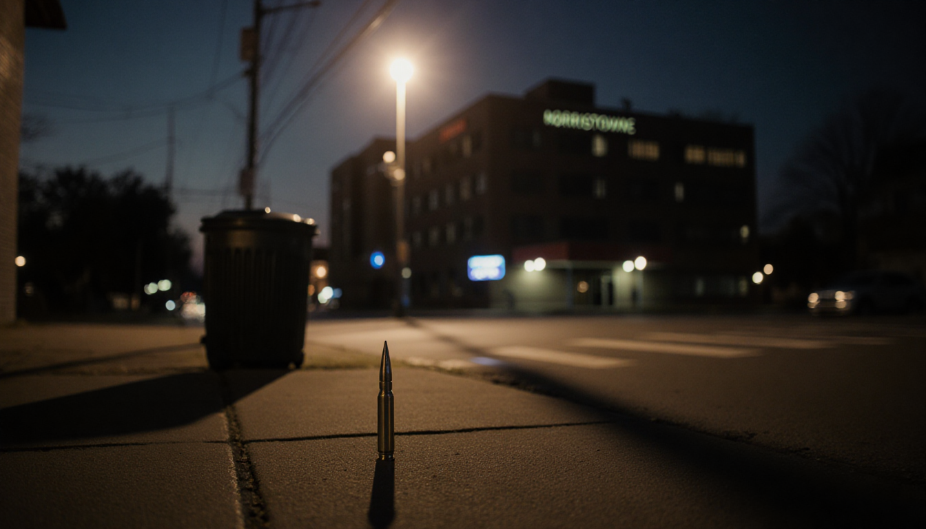 Streetlight casting long shadows with a bullet casing near a trash can and a blurred hospital reflection across the street.