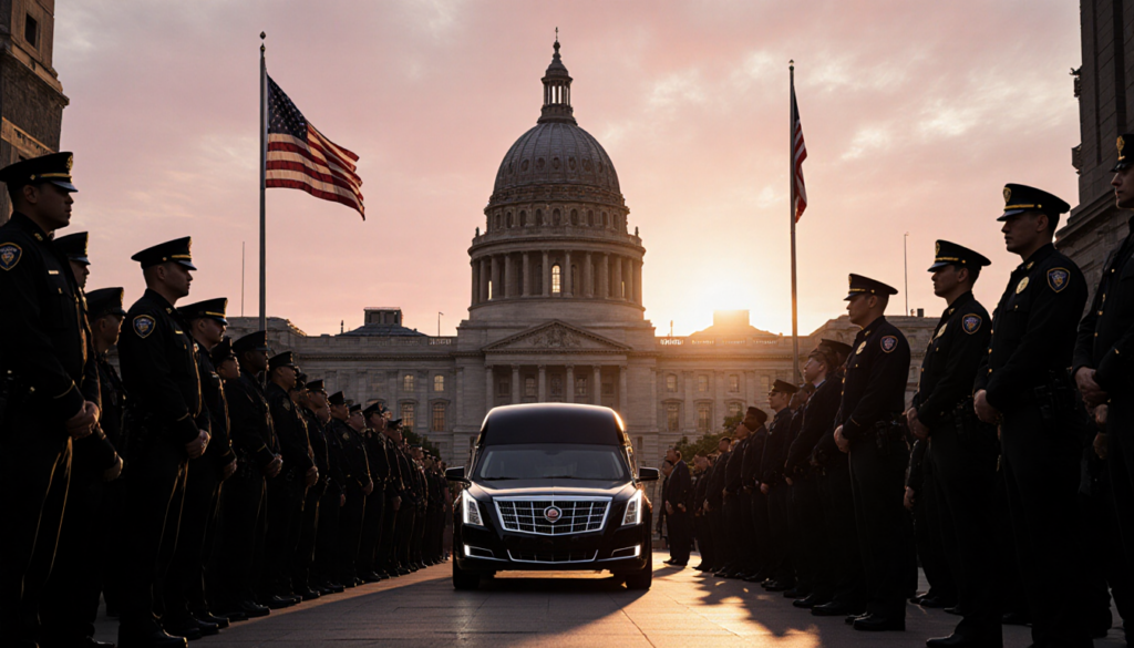 Hearse driving through a funeral procession with flags at half‑staff and police beside City Hall silhouetted in dusk sky
