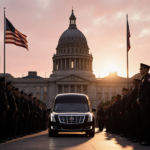 Hearse driving through a funeral procession with flags at half‑staff and police beside City Hall silhouetted in dusk sky