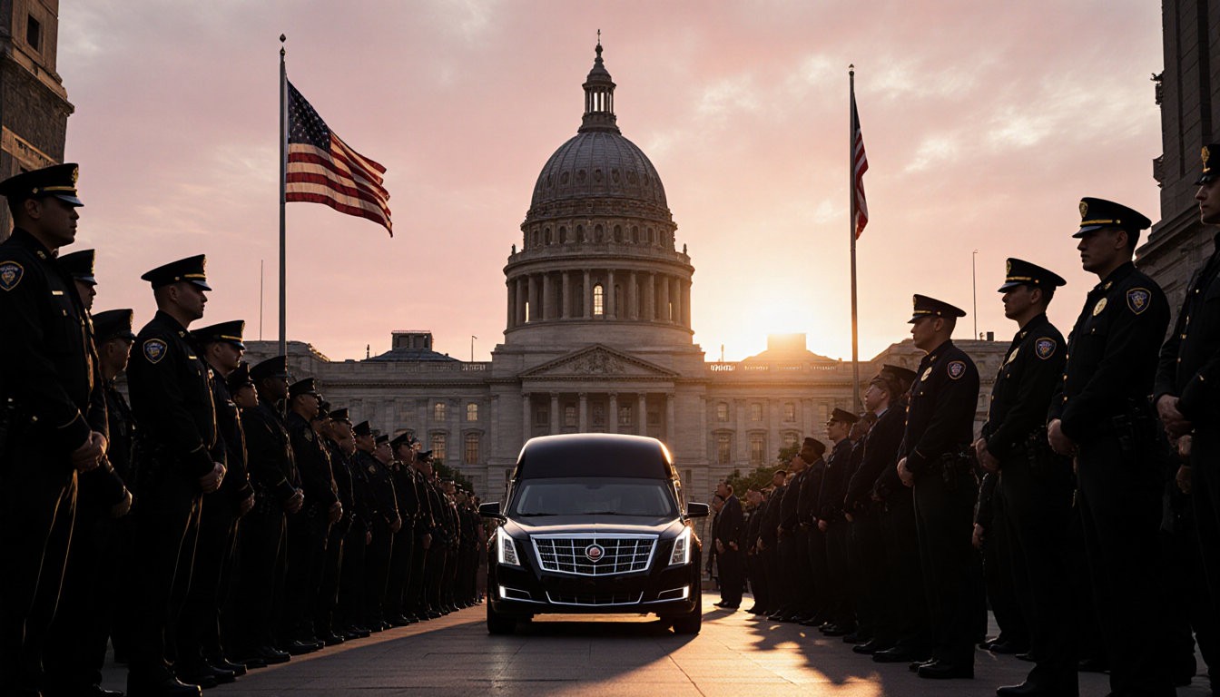Hearse driving through a funeral procession with flags at half‑staff and police beside City Hall silhouetted in dusk sky