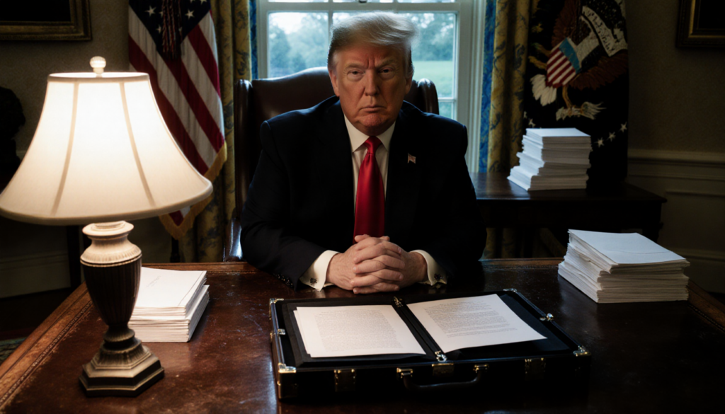 President Trump reviewing Supreme Court decision in an open briefcase with dim Oval Office lighting and a warm lamp glow.