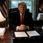 President Trump reviewing Supreme Court decision in an open briefcase with dim Oval Office lighting and a warm lamp glow.