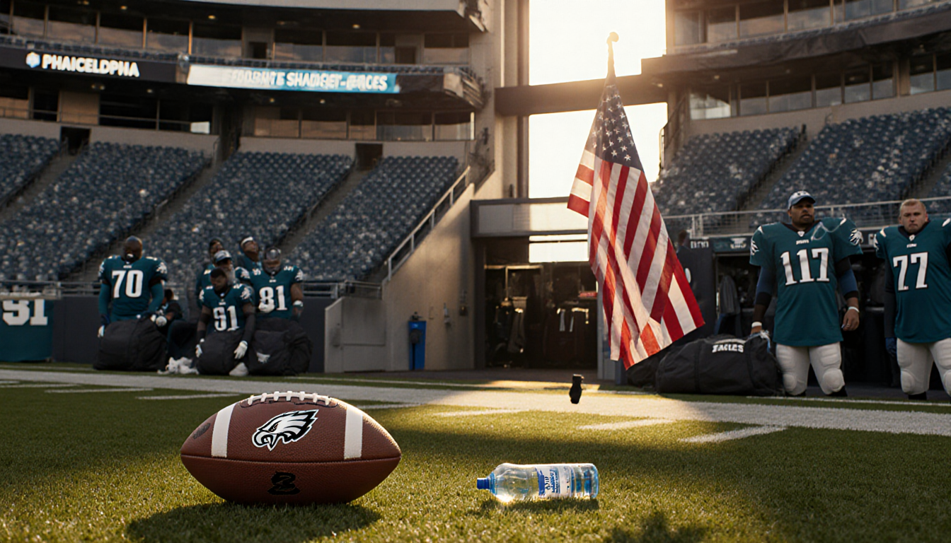Football lies abandoned on Philadelphia Eagles field with waving flag and disappointed fans in blue jerseys.