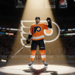 Flyer defenseman Ivan Provorov celebrating hockey with stick and raised hand under spotlight in packed Wells Fargo Center