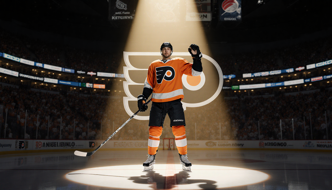 Flyer defenseman Ivan Provorov celebrating hockey with stick and raised hand under spotlight in packed Wells Fargo Center