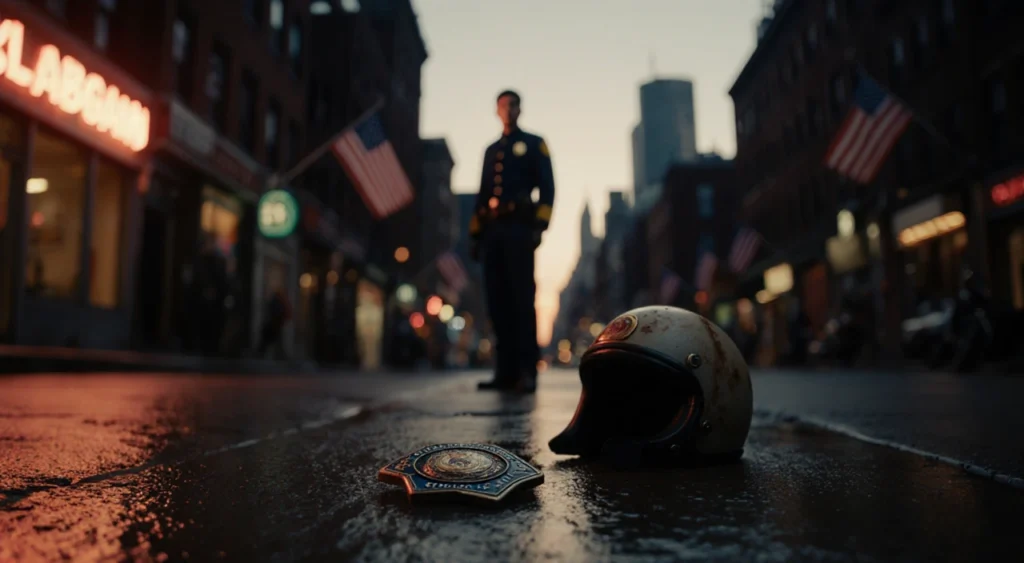Worn police badge lying on wet pavement with motorcycle helmet and flag, silhouette of officer in uniform behind skyline.