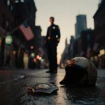 Worn police badge lying on wet pavement with motorcycle helmet and flag, silhouette of officer in uniform behind skyline.