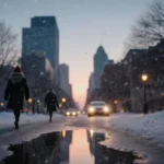 Pedestrians hurrying down sidewalk with warm streetlight glow and snow falling onto frozen puddle