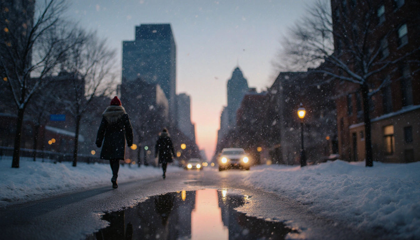 Pedestrians hurrying down sidewalk with warm streetlight glow and snow falling onto frozen puddle
