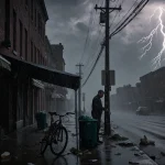 Person holding bike under awning with stormy rain and lightning over debris-filled sidewalk