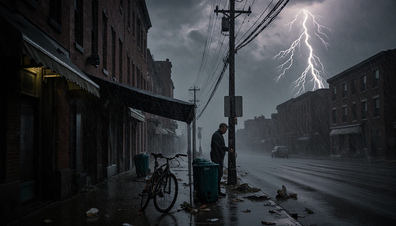 Person holding bike under awning with stormy rain and lightning over debris-filled sidewalk