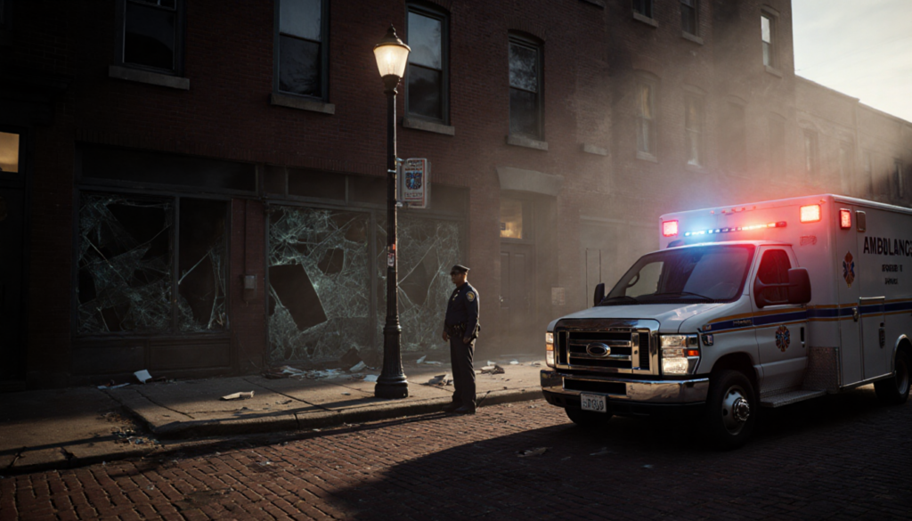 Police officer standing beside ambulance with flickering streetlight and soft flashing emergency lights in dawn mist
