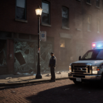 Police officer standing beside ambulance with flickering streetlight and soft flashing emergency lights in dawn mist