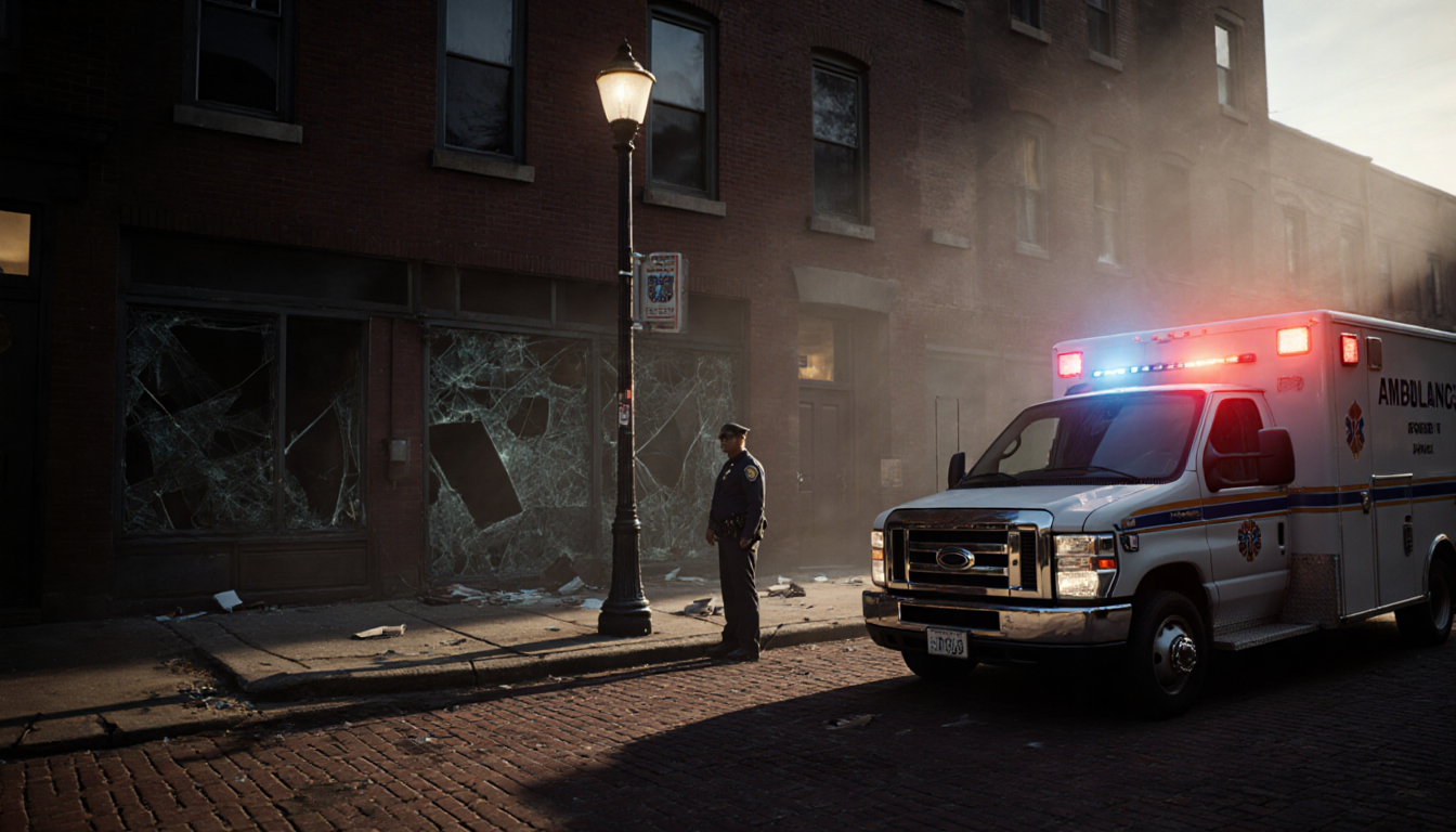 Police officer standing beside ambulance with flickering streetlight and soft flashing emergency lights in dawn mist