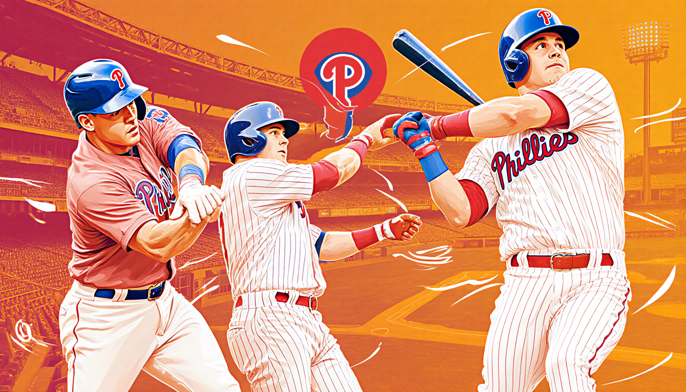 Schwarber celebrating a home run with dynamic motion lines and a Phillies stadium backdrop