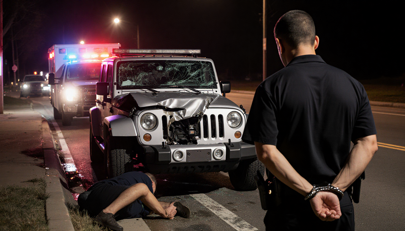 Man with cuffed hands looks down beside a damaged Jeep with flashing police lights and an ambulance pulling up at night.