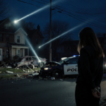 Woman looking down at her feet with cuffs behind her back near overturned police cruiser and flashing streetlights.