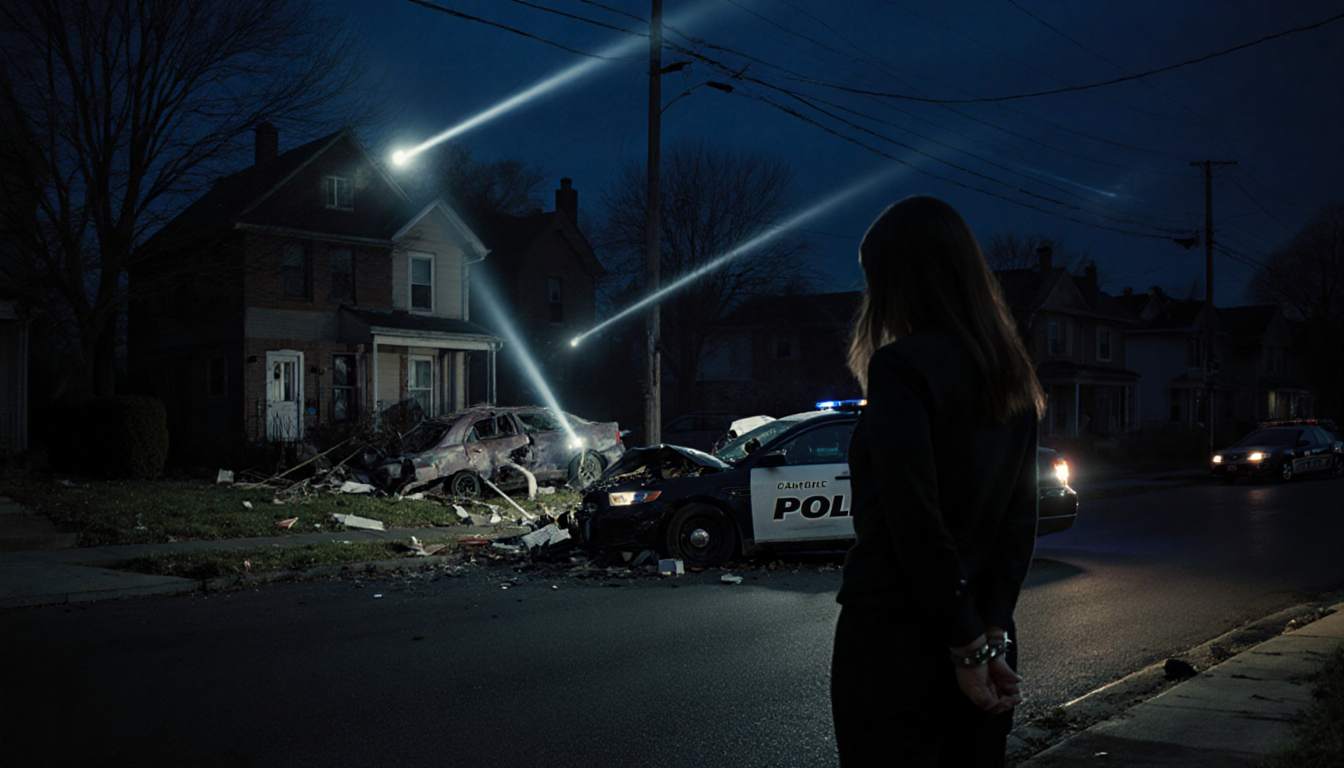 Woman looking down at her feet with cuffs behind her back near overturned police cruiser and flashing streetlights.