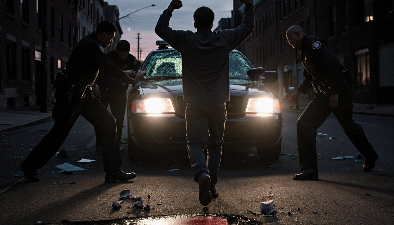 Teenager raising arms with police officers and flashing police car headlights in a dark Philadelphia street